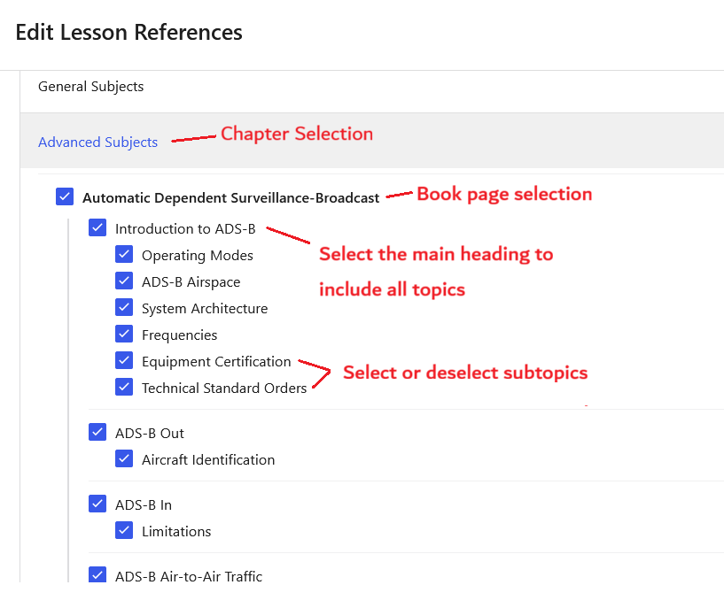 The Edit Lesson References window showing a chapter, Book Page, main headings, and selectable subtopics
