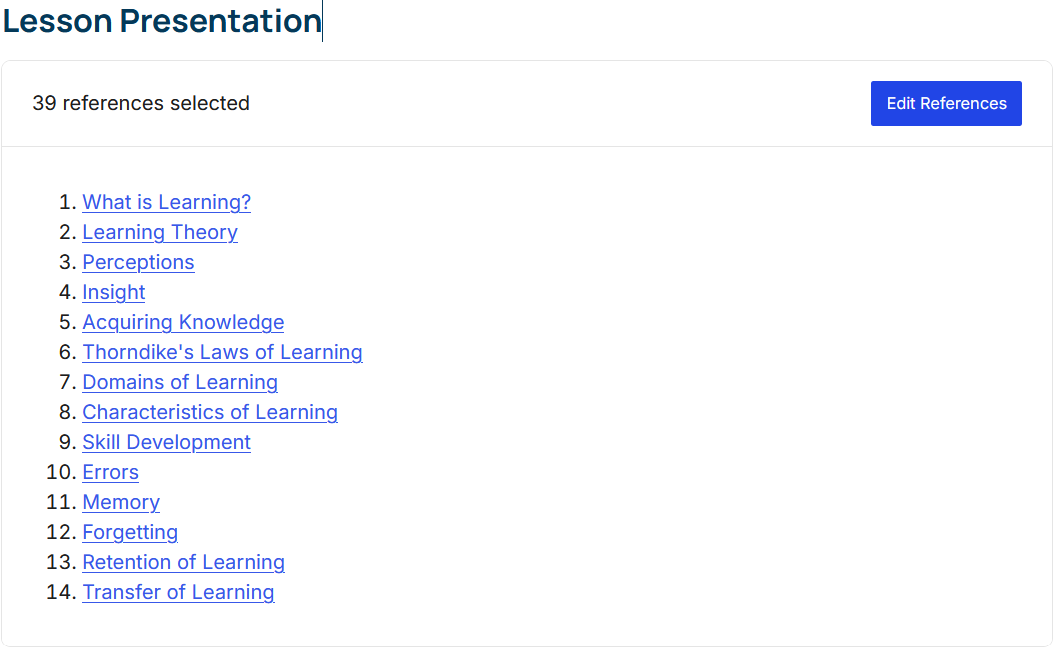 The Lesson Presentation editor showing the selected reference count, Edit References button, and ordered reference titles